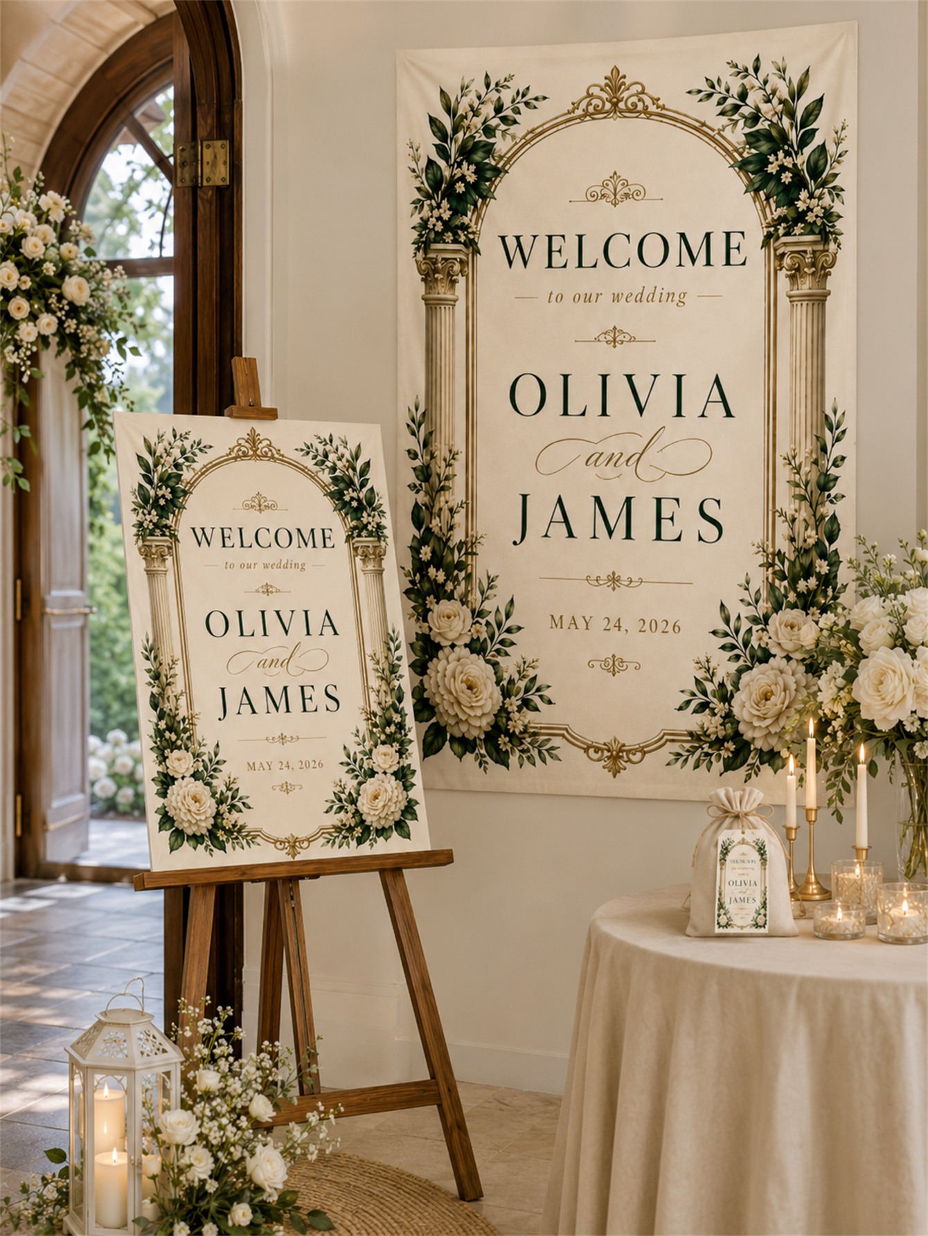 Luxurious ivory and gold wedding decorations - floral arch designs with white roses and classical column elements - custom names and dates